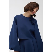 Manuka Balon Kol Broşlu Bluz Gece Mavisi