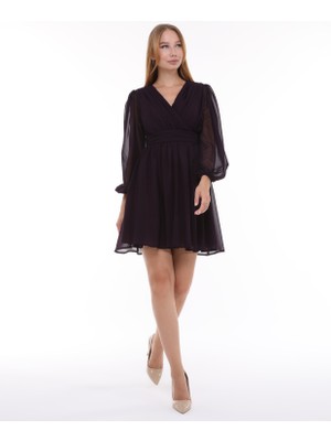 Asees Kruvaze Yaka Korsajlı Büzgülü Şifon Elbise