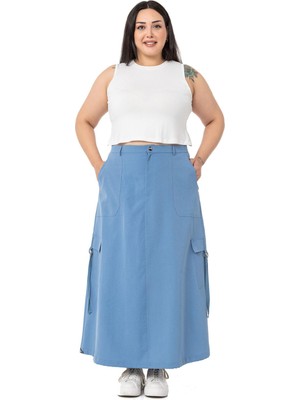 Disentis Modest Büyük Beden Etek Ucu Büzgü Detaylı Paraşüt Uzun Mavi Etek