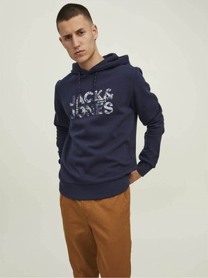 Jack & Jones Jcotech Logo Hood Kapüşon Lacivert Erkek Sweatshırt 12216242 V1