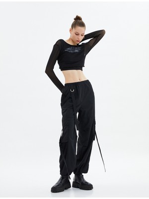 Koton Crop Tül Tişört Uzun Kollu Yuvarlak Yaka Gotik Temalı Baskılı