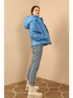 Cof Butik Jesica Kumaş Fermuarlı Yaka Kısa Boy Rahat Kalıp Kadın Mont Mavi