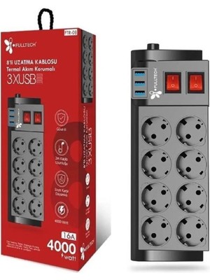 Fulltech Termal Akım Korumalı 8li Uzatma Kablosu 3xusb 2 Metre 16 Amper
