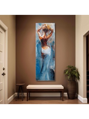 Mavi Kuş Tüyü Saçlı Sırtı Dönük Kadın Dikey Panaromik Kanvas Tablo