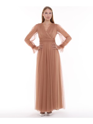 Asees Önü Kruvaze Uzun Kol Esnek Tül Abiye Elbise