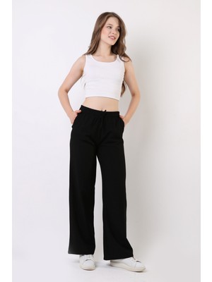 Diaves Kadın Siyah Keten Karışımlı Bol Kesim Pantolon Geniş Paça Ve Yan Cepli Model