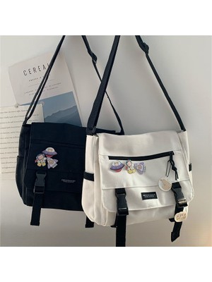 Masoffy Beyaz Rozet Dinozor Japon Harajuku Çok Yönlü Tuval Kadın Postacı Çantası Düz Renk Çevirme Rahat Çanta Omuzdan Askili Çanta Genç Kız Crossbody Çanta (Yurt Dışından)