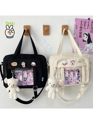 Masoffy Beyaz Moda Kadın Kitap Çanta Fermuar Japon Crossbody Messenger Çanta Lise Kız Için Büyük Kapasiteli Messenger Çanta (Yurt Dışından)