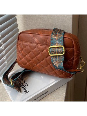 Masoffy Kahverengi Retro Crossbody Çanta Kapitone Pu Deri Kamera Omuz Çantası Baskılar Geniş Kayış Eşkenar Dörtgen Desen Düz Fermuar Küçük Kadın Satchel (Yurt Dışından)