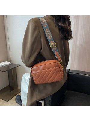 Masoffy Kahverengi Retro Crossbody Çanta Kapitone Pu Deri Kamera Omuz Çantası Baskılar Geniş Kayış Eşkenar Dörtgen Desen Düz Fermuar Küçük Kadın Satchel (Yurt Dışından)