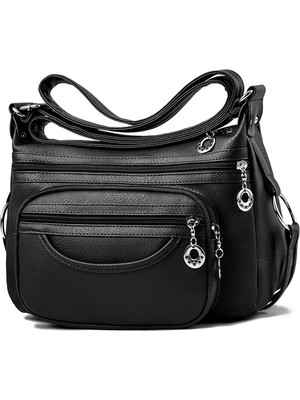 Masoffy Siyah Kadın Çantası Basit Omuz Crossbody Çanta Çok Katmanlı Cep Yumuşak Deri Crossbody Sling Çanta Seyahat Için Klasik Tasarımcı Fermuar (Yurt Dışından)