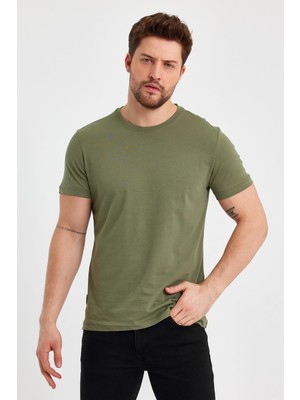 Comeor Erkek Haki %100 Pamuk T- Shirt Regular Fit Rahat Kesim Bisiklet Yaka Basic Tişört