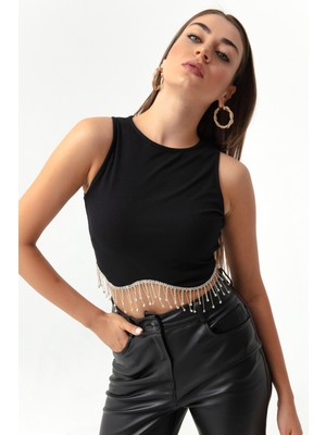 Lafaba Kadın Siyah Püskül Taşlı Crop Bluz