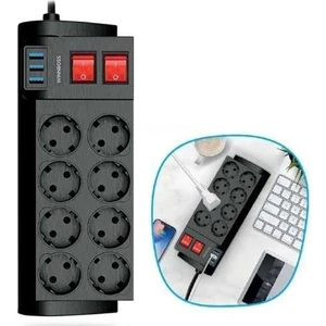 Isıya Dayanıklı Termal Akım Korumalı 2 Metre 16A 4000W 8li Priz ve 3 USB Li Uzatma Kablosu
