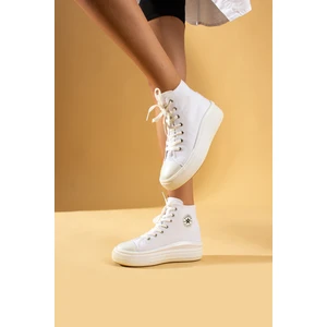 Pembe Potin Bağcıklı Kalın Taban Bilekte Keten Kadın Sneaker 57-103-23FHN