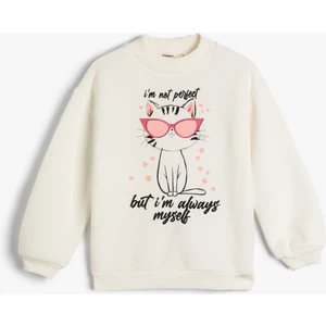 Sweatshirt Uzun Kollu Kedicik Baskılı Şardonlu Bisiklet Yaka