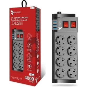 Termal Akım Korumalı 8li Uzatma Kablosu 3xusb 2 Metre 16 Amper