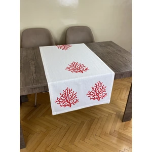 Pamuk İdea Kırmızı Mercan Desenli Runner Tahta Baskılı Taş Baskı Buldan Pamuklu Keten Bezi Şömen Ranır Mercanlı