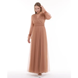 Önü Kruvaze Uzun Kol Esnek Tül Abiye Elbise