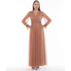 Önü Kruvaze Uzun Kol Esnek Tül Abiye Elbise