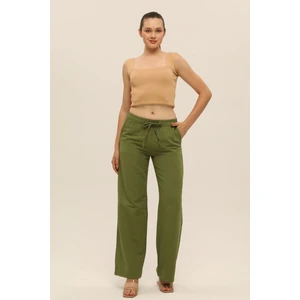 Zeytin Yeşili Keten Karışımlı Bol Kesim Pantolon