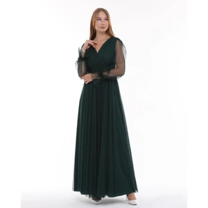 Önü Kruvaze Uzun Kol Esnek Tül Abiye Elbise