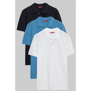 D'S Damat Regular Fit Lacivert/Turkuaz/Beyaz Pike Dokulu %100 Pamuk Polo Yaka T-Shirt 6HC14ORTBN510