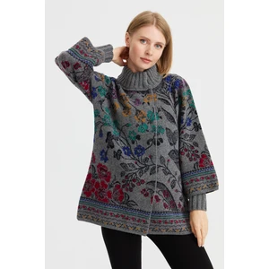 Desen Triko Kadın Dik Yaka Sarmaşık Çiçekli Yün Ceket Füme