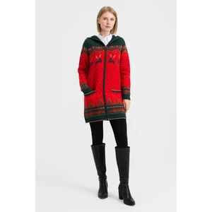 Desen Triko Kadın Kapüşonlu Geyik Desenli Yün Hırka Mercan