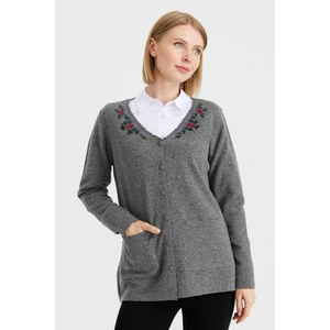 Desen Triko Kadın V Yaka Kenarı Dantel Işlemeli Yün Hırka Füme