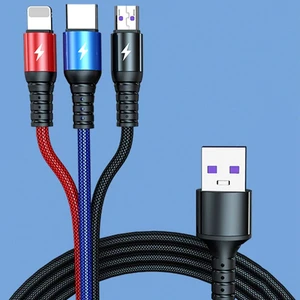Universal Çoklu Şarj Aleti Cihazı Kablosu Type-C Micro Lightning 3'lü Örgü Kablo Sağlam Çok Girişli Şarj Kablosu