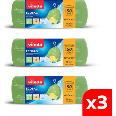 Vileda 3 Paket 50 Litre Büyük Boy 10'lu Büzgülü Limon Kokulu Çöp