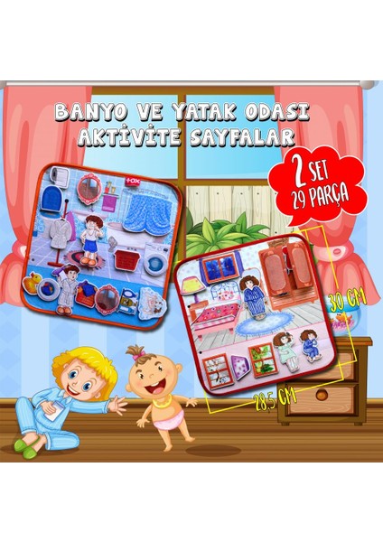 2 Set - 27 Parça Banyo ve Yatak Odası Keçe Cırtlı Aktivite Sayfası - Çocuk Etkinlik , Eğitici Oyuncak