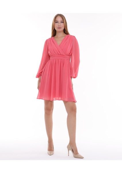 Kruvaze Yaka Korsajlı Büzgülü Şifon Elbise modelleri