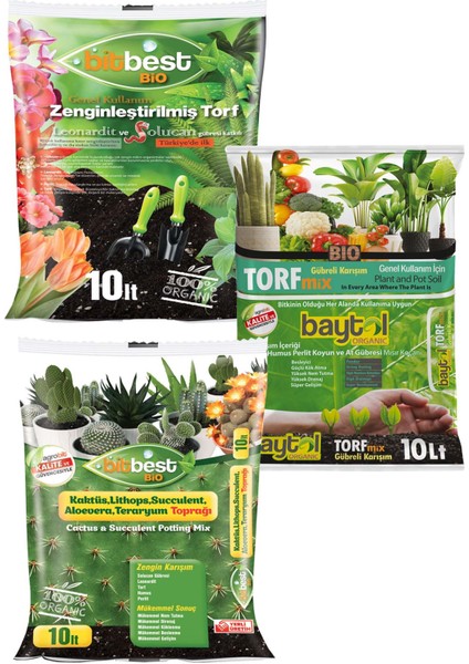 Bio 10 Lt + Baytol Mix 10 Lt + Bitbest Kaktüs 10 Lt Bitki Toprağı + Solucan Gübresi 2 Kg