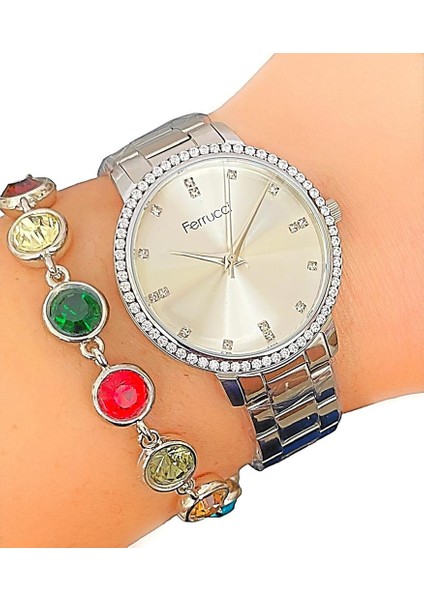 Çelik Taşlı Şık Kadın Kol Saati+Bileklik