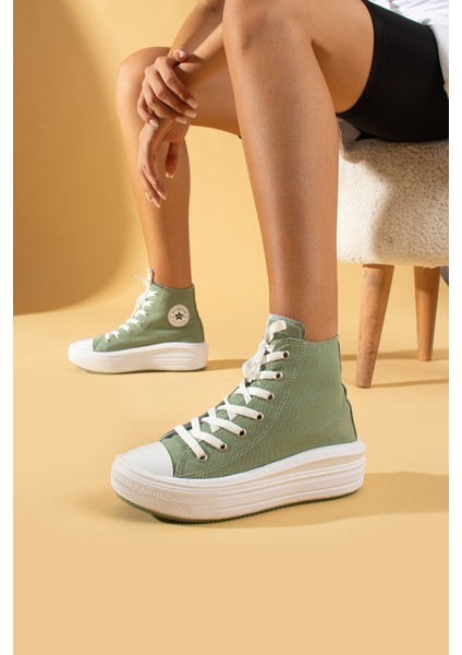 Bağcıklı Kalın Taban Bilekte Keten Kadın Sneaker 57-103-23FHN