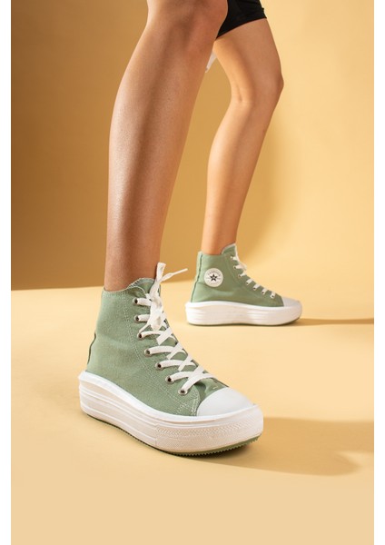 Bağcıklı Kalın Taban Bilekte Keten Kadın Sneaker 57-103-23FHN