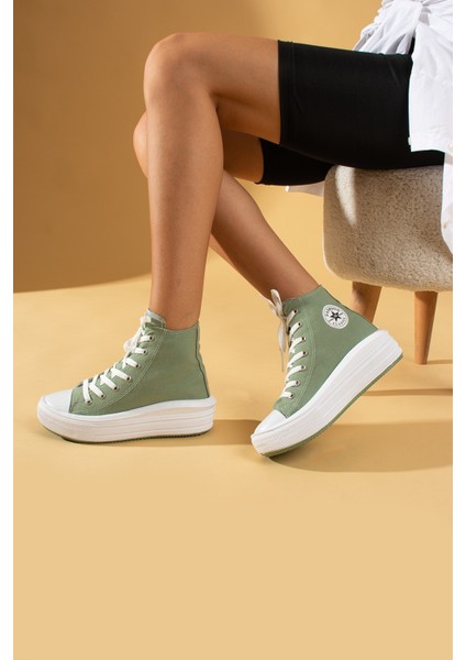 Bağcıklı Kalın Taban Bilekte Keten Kadın Sneaker 57-103-23FHN