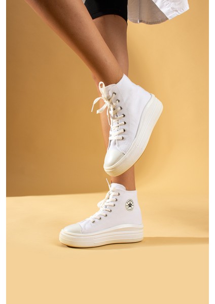 Bağcıklı Kalın Taban Bilekte Keten Kadın Sneaker 57-103-23FHN