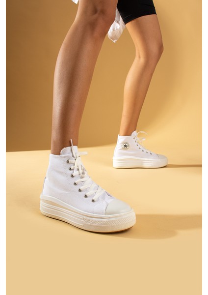 Bağcıklı Kalın Taban Bilekte Keten Kadın Sneaker 57-103-23FHN