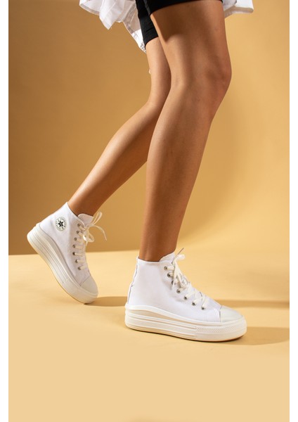 Bağcıklı Kalın Taban Bilekte Keten Kadın Sneaker 57-103-23FHN