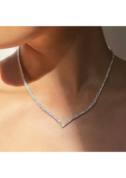 Taşlı Su Yolu V Tasarım Abiye Kolye fiyatları