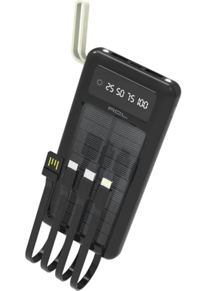 PW59 Güneş Enerjili Solar 10.000 Mah 4lü Kablolu LED Ekran Fenerli Yeni Nesil Powerbank