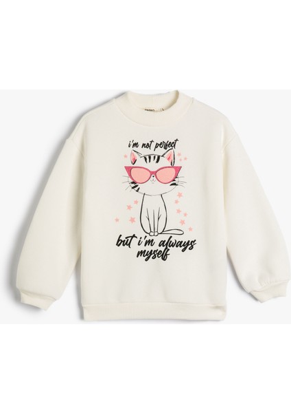 Sweatshirt Uzun Kollu Kedicik Baskılı Şardonlu Bisiklet Yaka