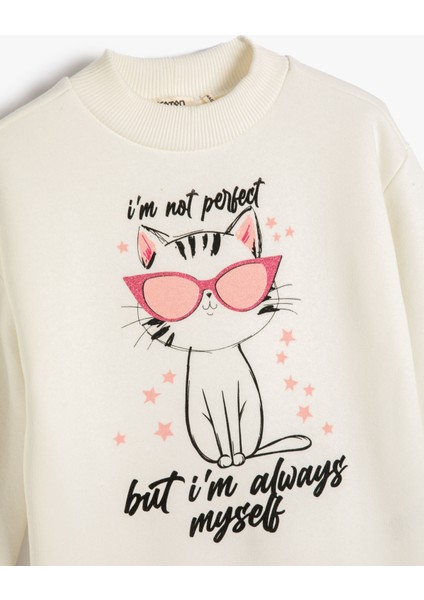 Sweatshirt Uzun Kollu Kedicik Baskılı Şardonlu Bisiklet Yaka modelleri