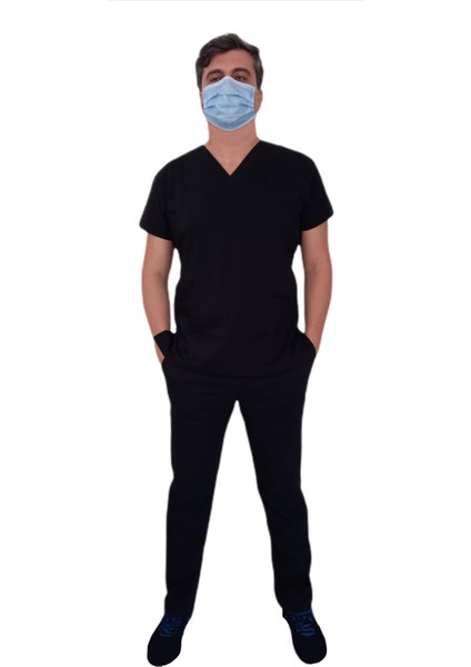 Doktor Hemşire Erkek Likralı Terikoton Üniforma Siyah V Yakalı Takım 4805