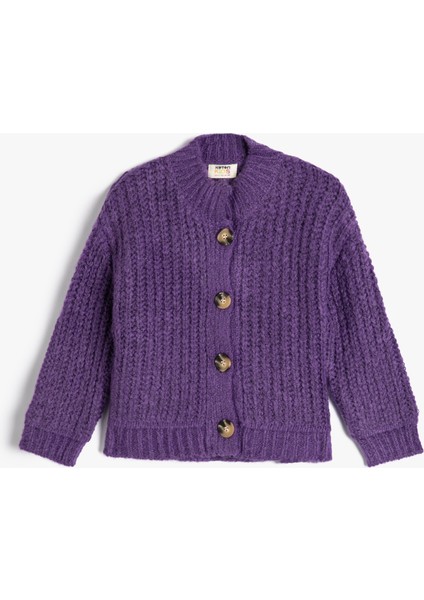 Örgü Hırka Düğme Kapamalı Uzun Kollu Yuvarlak Dik Yaka