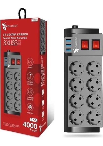 Termal Akım Korumalı 8li Uzatma Kablosu 3xusb 2 Metre 16 Amper