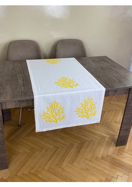 Sarı Mercan Desenli Runner Tahta Baskılı Taş Baskı Buldan Pamuklu Keten Bezi Şömen Ranır Mercanlı